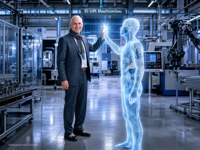 Volker Loibl von apollo consulting in einer Werkhalle des Maschinenbaus, daneben eine leuchtende KI-Figur