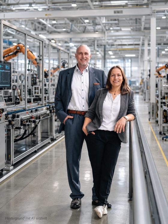 Volker Loibl und Melanie Reuß von apollo consulting in einer hellen Roboter-Fertigung, wo Stoffströme entstehen